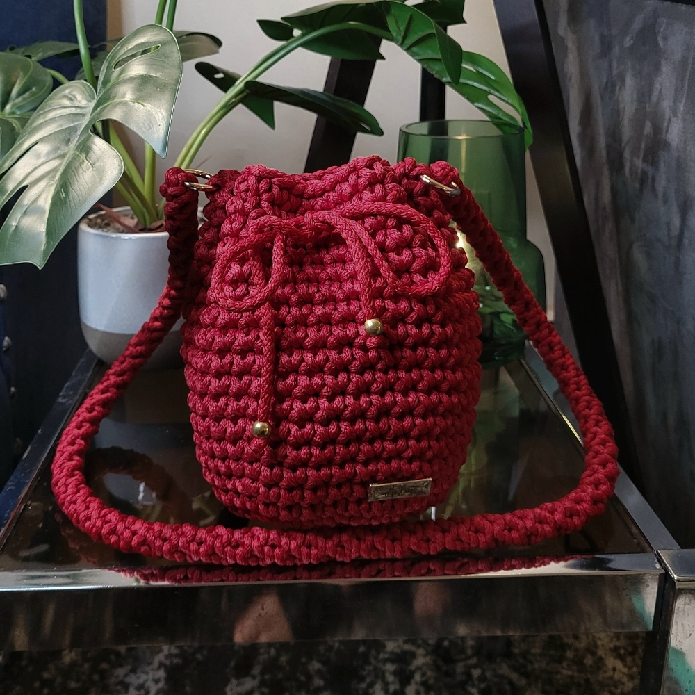 Quality Handmade Crochet Drawstring Bucket Bag - Burgundy